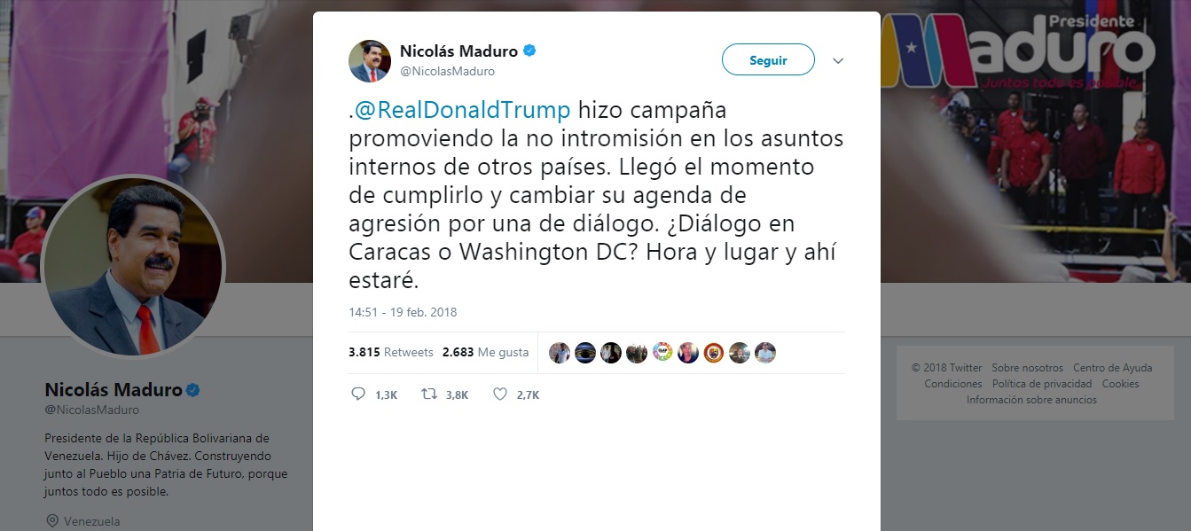 LO PENÚLTIMO: MADURO TUITEA A TRUMP PARA INICIAR CONVERSACIONES