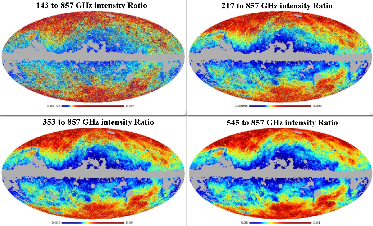 Dibujo20151030 All sky maps in Galactic projection resolution showing the ratio of intensity at a particular frequency to the 857 GHz arxiv org1