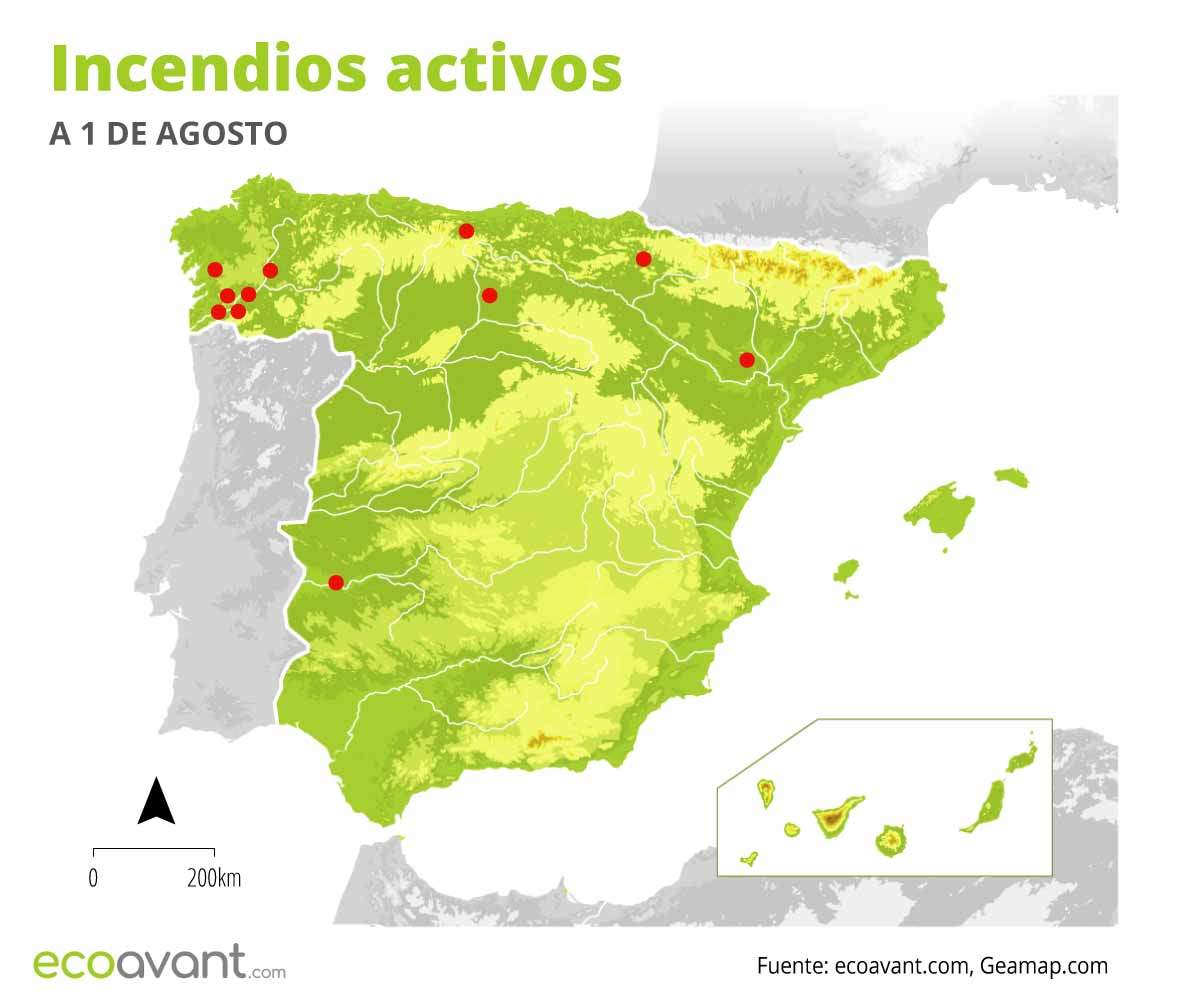 mapa de los incendios forestales activos en espana a 1 de agosto de 2022