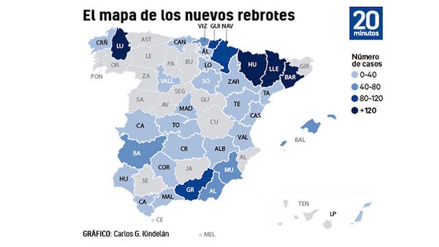 mapa de los rebrotes de coronavirus en espana a 13 de julio 1