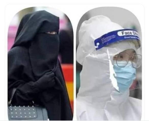 una mujer tocada con el niqab y personal sanitario en la crisis del coronavirus
