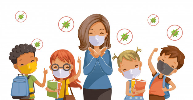 regreso escuela nuevo concepto normal prevencion enfermedades covid 19 ninos mascaras sanitarias gesto maestros detiene relacionado coronavirus 99715 223
